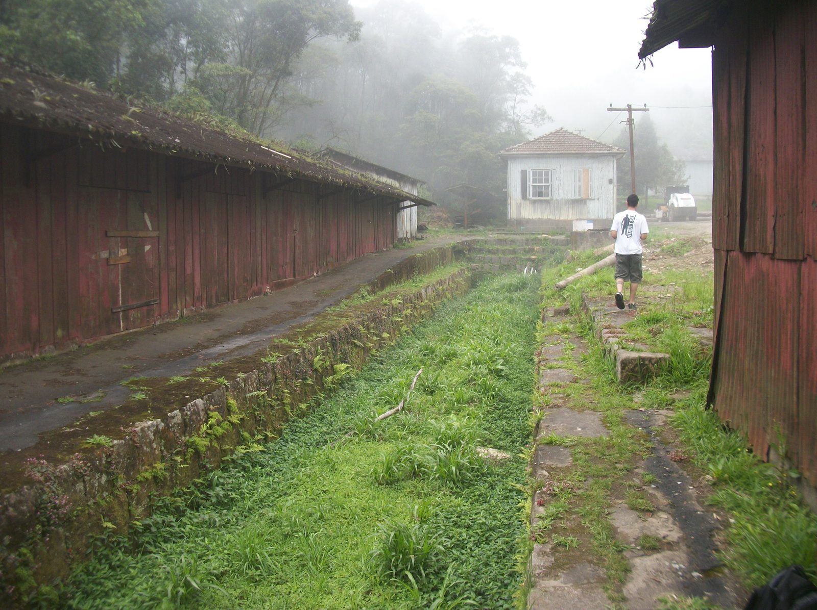 Rua histórica da Vila de Paranapiacaba, em dia de neblina